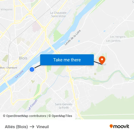 Alliés (Blois) to Vineuil map