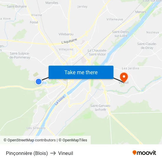 Pinçonnière (Blois) to Vineuil map