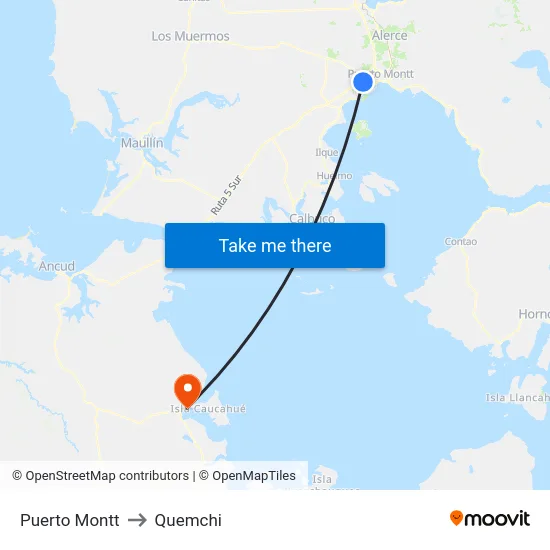 Puerto Montt to Quemchi map