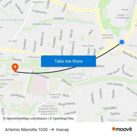 Artemio Mansilla 1030 to Inacap map