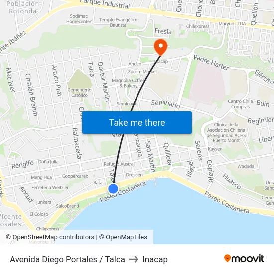 Avenida Diego Portales / Talca to Inacap map