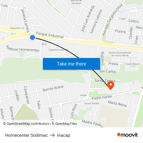 Homecenter Sodimac to Inacap map