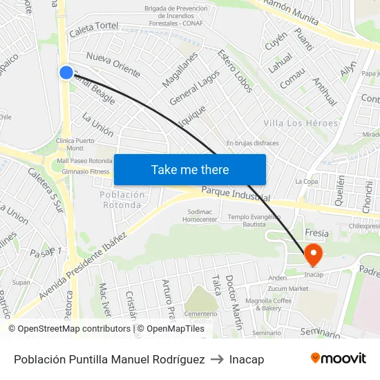 Población Puntilla Manuel Rodríguez to Inacap map