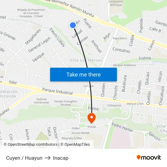 Cuyen / Huayun to Inacap map