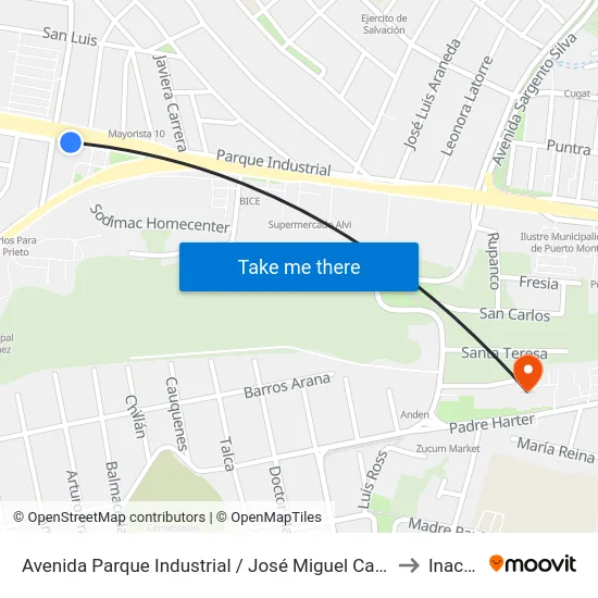 Avenida Parque Industrial / José Miguel Carrera to Inacap map