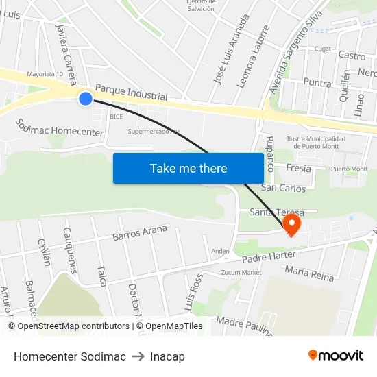 Homecenter Sodimac to Inacap map