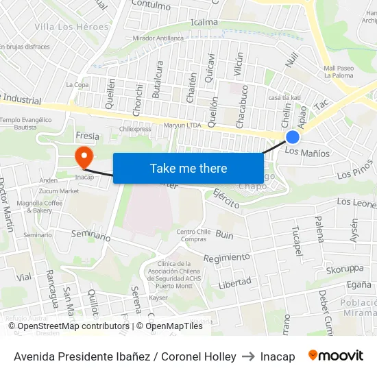 Avenida Presidente Ibañez / Coronel Holley to Inacap map