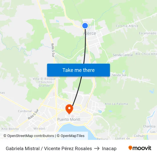 Gabriela Mistral / Vicente Pérez Rosales to Inacap map