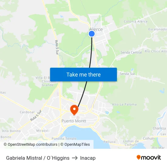 Gabriela Mistral / O´Higgins to Inacap map