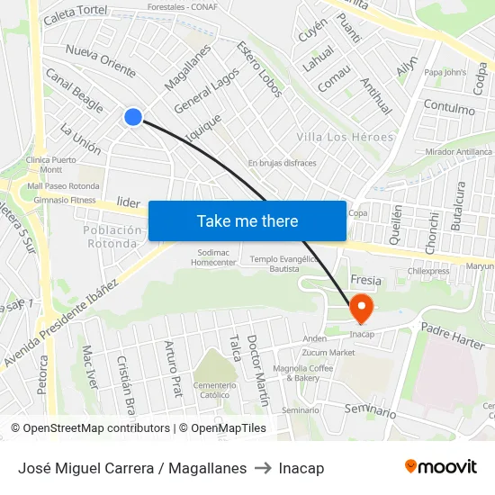 José Miguel Carrera / Magallanes to Inacap map