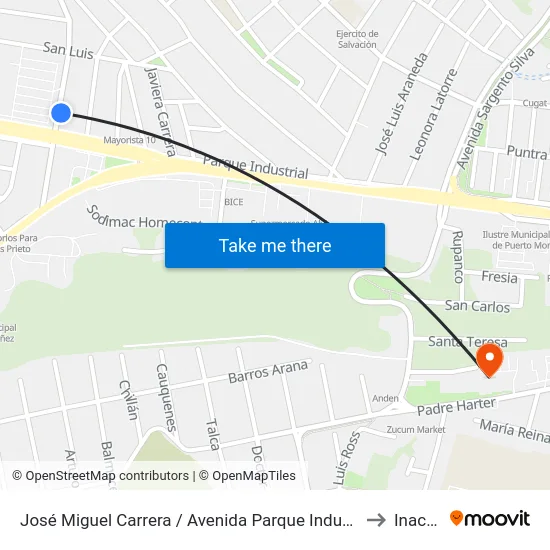 José Miguel Carrera / Avenida Parque Industrial to Inacap map