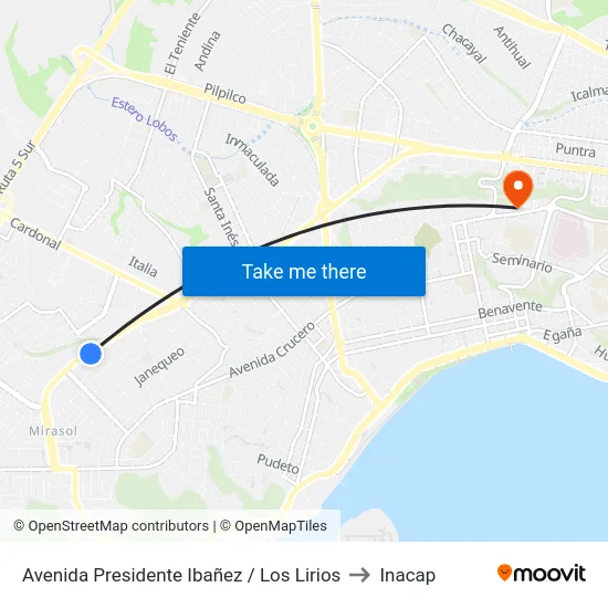Avenida Presidente Ibañez / Los Lirios to Inacap map