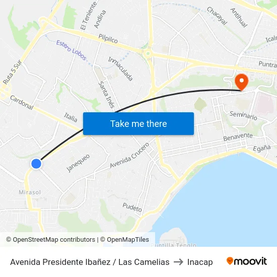 Avenida Presidente Ibañez / Las Camelias to Inacap map