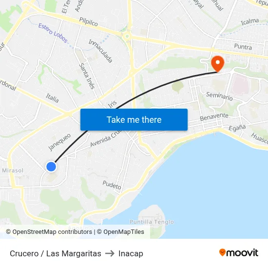 Crucero / Las Margaritas to Inacap map