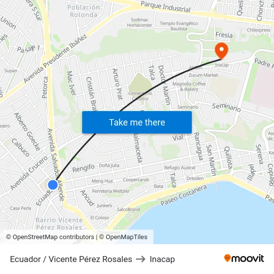 Ecuador / Vicente Pérez Rosales to Inacap map