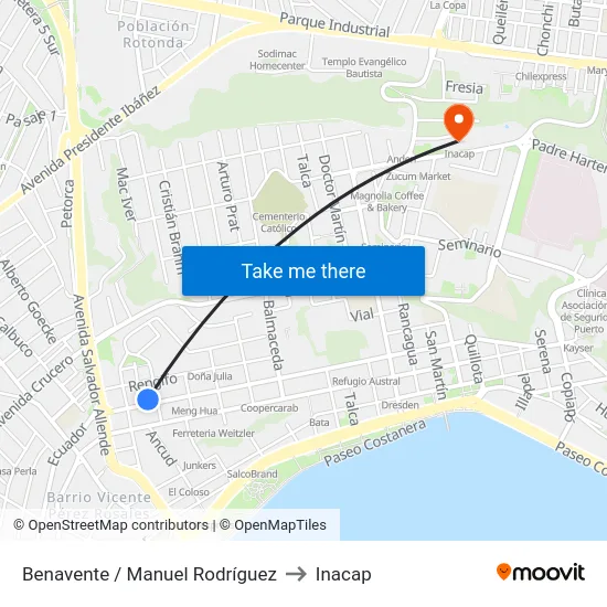 Benavente / Manuel Rodríguez to Inacap map