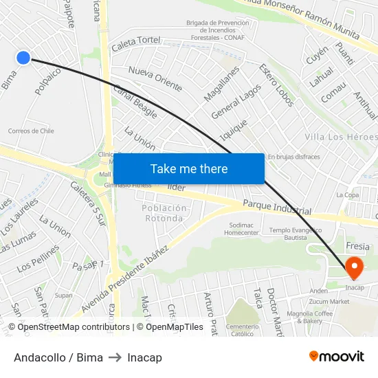 Andacollo / Bima to Inacap map