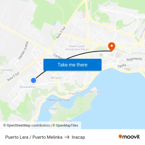 Puerto Lara / Puerto Melinka to Inacap map