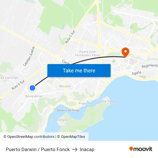 Puerto Darwin / Puerto Fonck to Inacap map