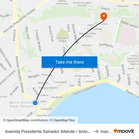 Avenida Presidente Salvador Allende / Antonio Varas to Inacap map