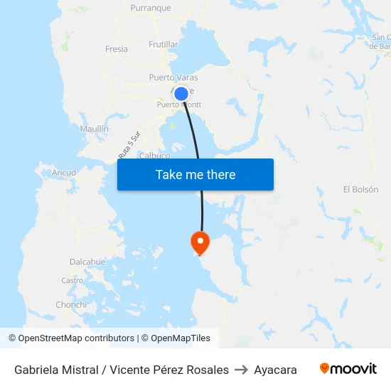 Gabriela Mistral / Vicente Pérez Rosales to Ayacara map
