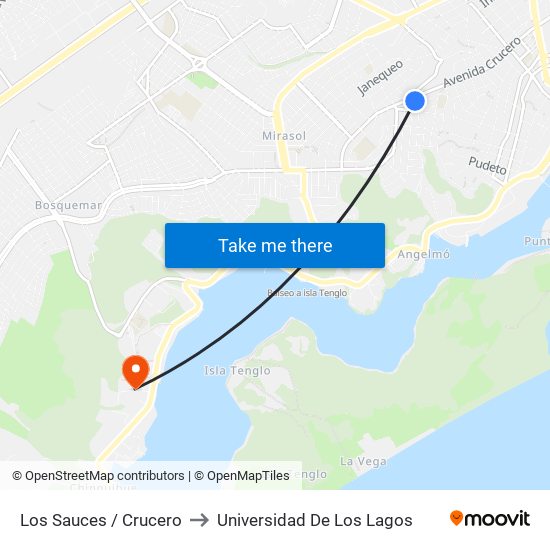 Los Sauces / Crucero to Universidad De Los Lagos map
