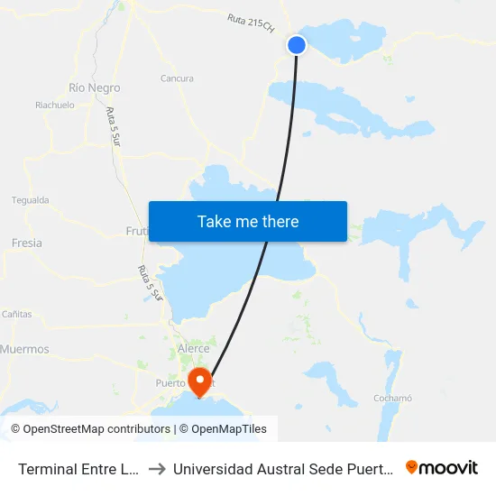 Terminal Entre Lagos to Universidad Austral Sede Puerto Montt map
