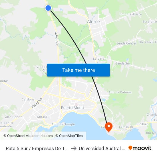 Ruta 5 Sur / Empresas De Transporte J. Bustamante to Universidad Austral Sede Puerto Montt map