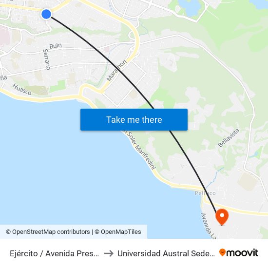 Ejército / Avenida Presidente Ibañez to Universidad Austral Sede Puerto Montt map