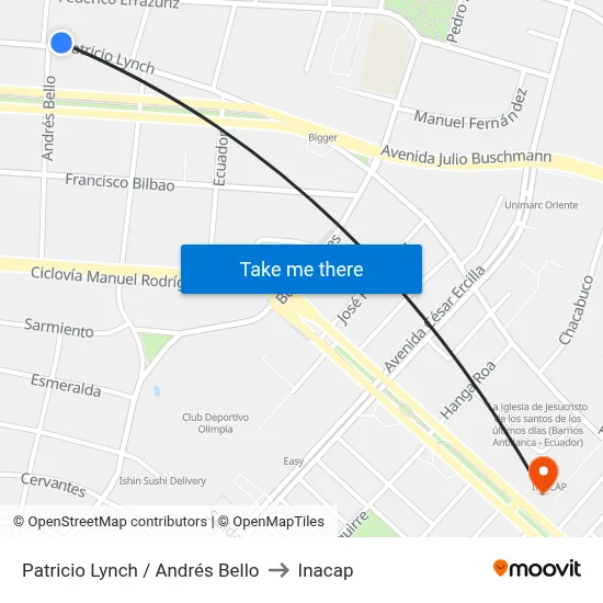 Patricio Lynch / Andrés Bello to Inacap map