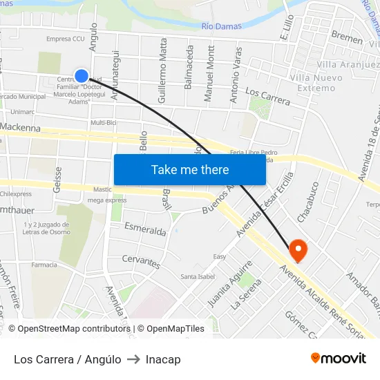 Los Carrera / Angúlo to Inacap map