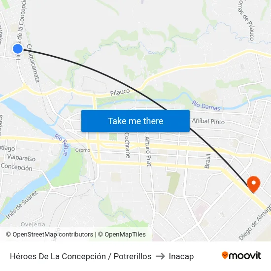 Héroes De La Concepción / Potrerillos to Inacap map