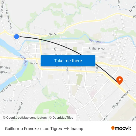 Guillermo Francke / Los Tigres to Inacap map