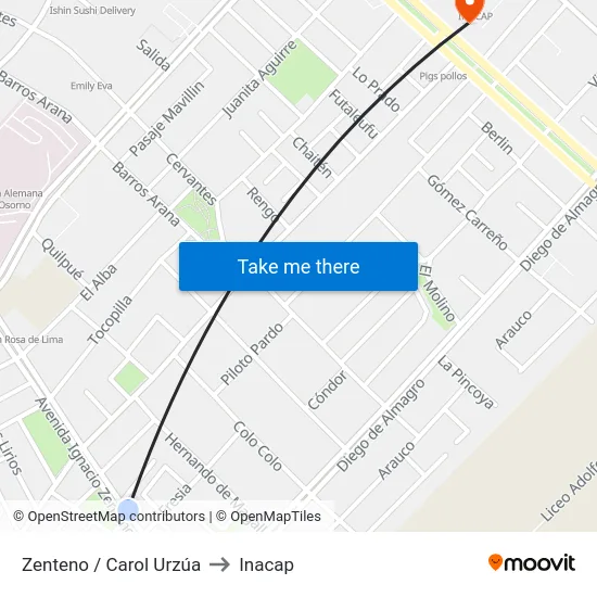 Zenteno / Carol Urzúa to Inacap map