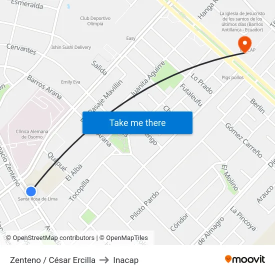 Zenteno / César Ercilla to Inacap map