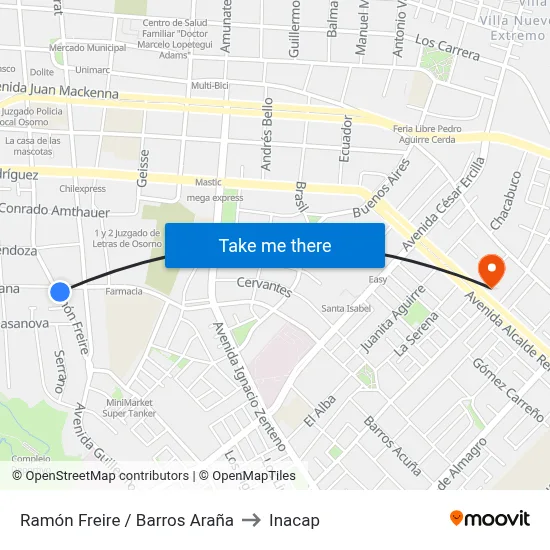 Ramón Freire / Barros Araña to Inacap map