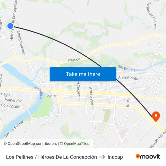 Los Pellines / Héroes De La Concepción to Inacap map