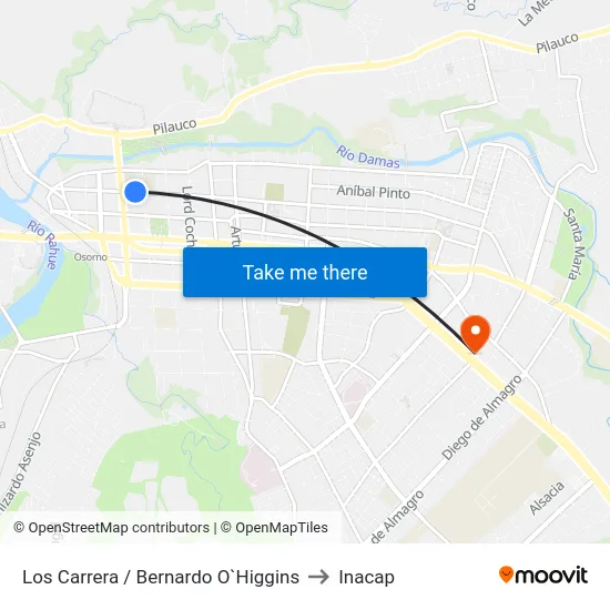 Los Carrera / Bernardo O`Higgins to Inacap map