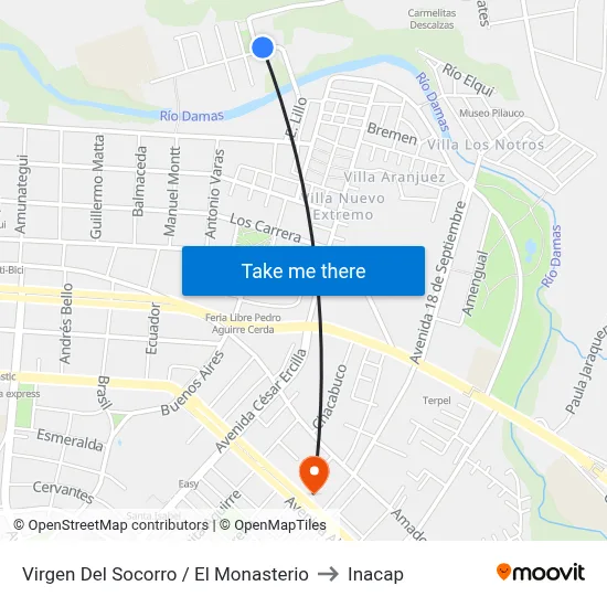 Virgen Del Socorro / El Monasterio to Inacap map