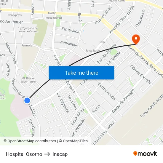 Hospital Osorno to Inacap map