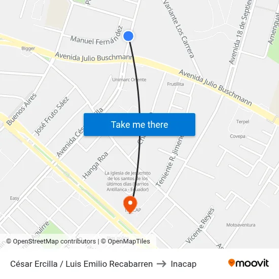 César Ercilla / Luis Emilio Recabarren to Inacap map