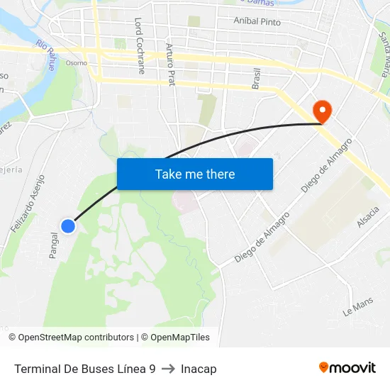 Terminal De Buses Línea 9 to Inacap map