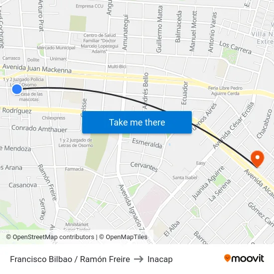 Francisco Bilbao / Ramón Freire to Inacap map