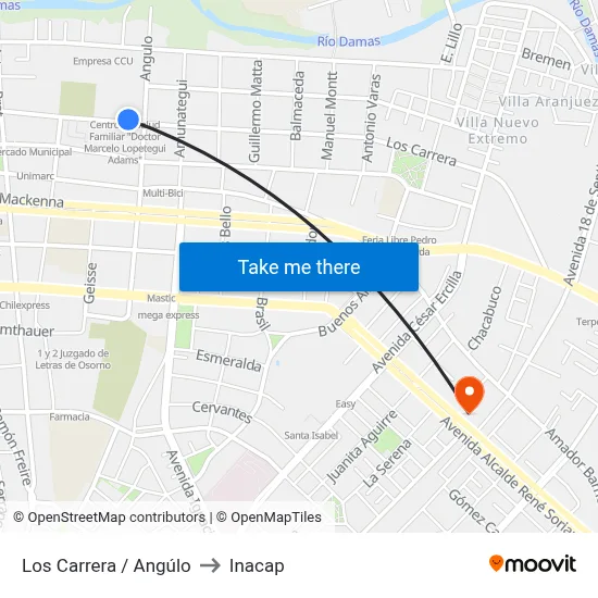 Los Carrera / Angúlo to Inacap map