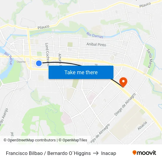 Francisco Bilbao / Bernardo O´Higgins to Inacap map