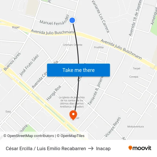 César Ercilla / Luis Emilio Recabarren to Inacap map