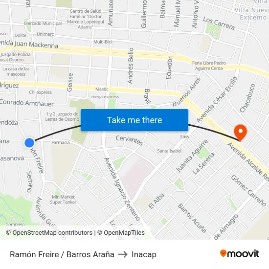 Ramón Freire / Barros Araña to Inacap map