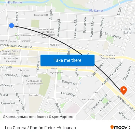 Los Carrera / Ramón Freire to Inacap map