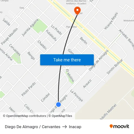 Diego De Almagro / Cervantes to Inacap map