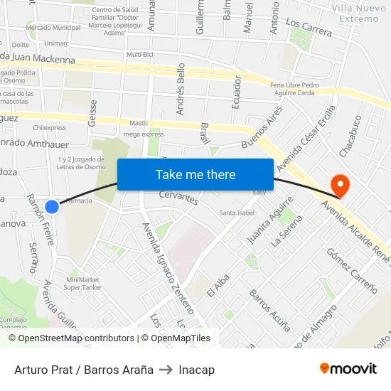 Arturo Prat / Barros Araña to Inacap map